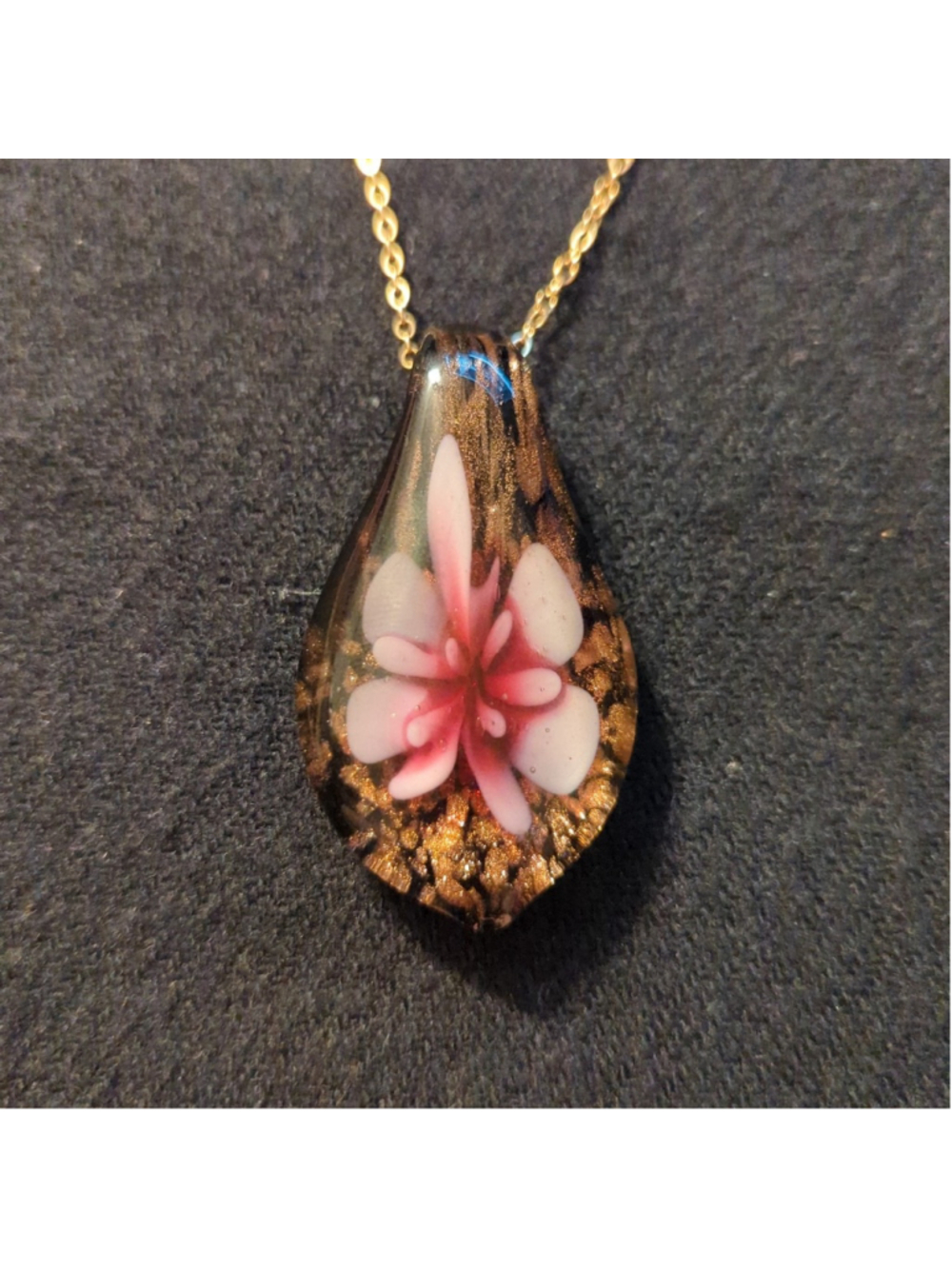 Gold Tone Black Pink Art Glass Floral Pendant Statement Necklace